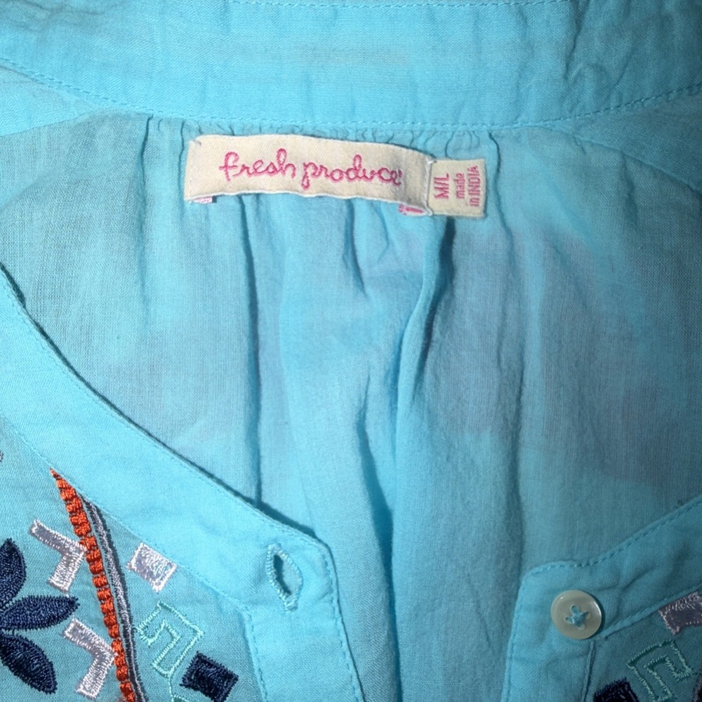Fresh Produce Women's Embroidered Tunic Top Aqua Aztec Fiesta Blue Size M/L - Picture 4 of 7